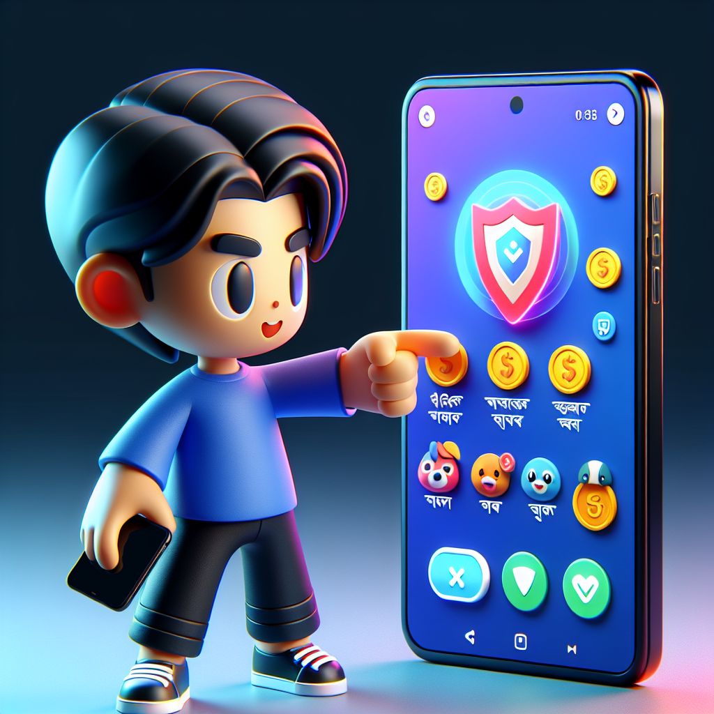 BDT6666 app cartoon character holding a smartphone with coins and a secure shield